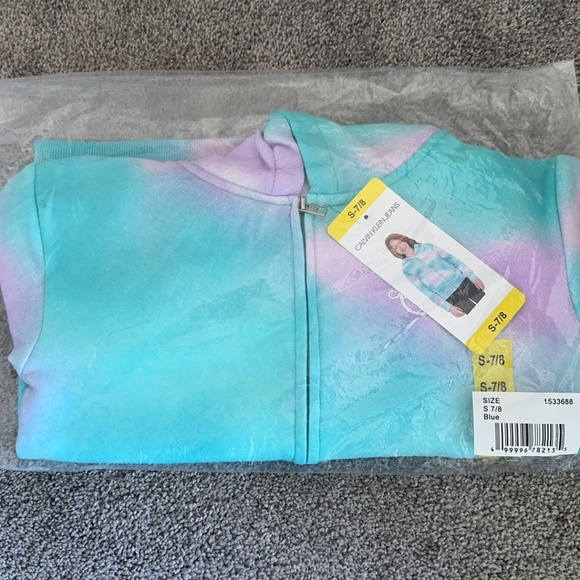 Calvin Klein Jeans Hoodie Girls S small 7/8 Full Zip Tie Dye Green Pink Teen - Picture 2 of 3